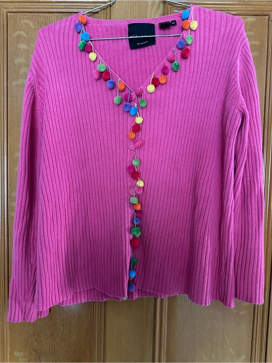 Michael Simon Sweaters - 2001 Michael Simon Hot Pink Ribbed Cardigan Multicolor Pom Pom Accents X-Large